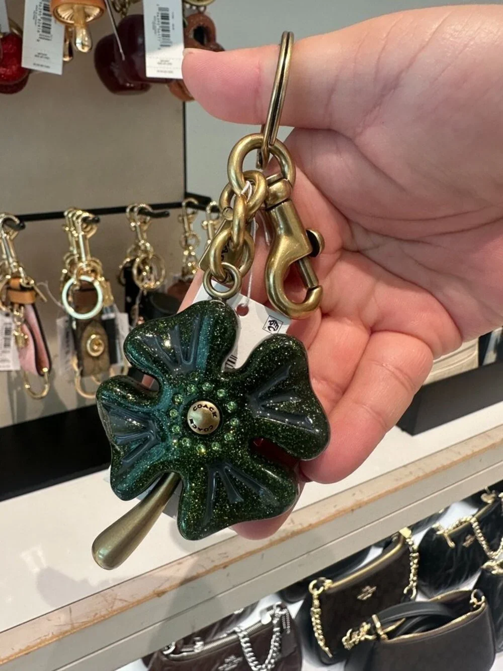 NWT! Coach CEA09 Four Leaf Clover Bag Charm In Brass/Green Multi With Dust Bag
